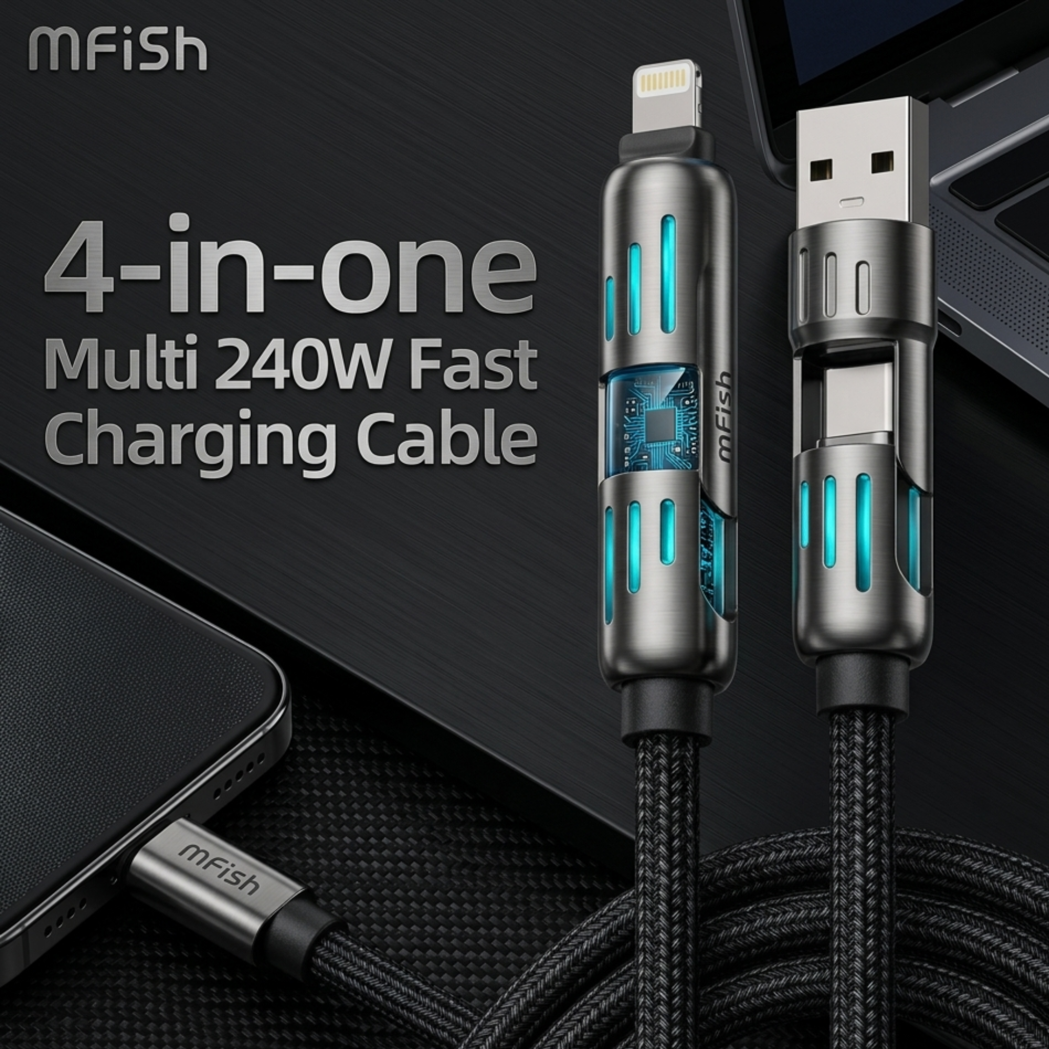 MFish 4-in-1 240 Fast Charging Cable USB-A & Type-C - 6.6FT Black
