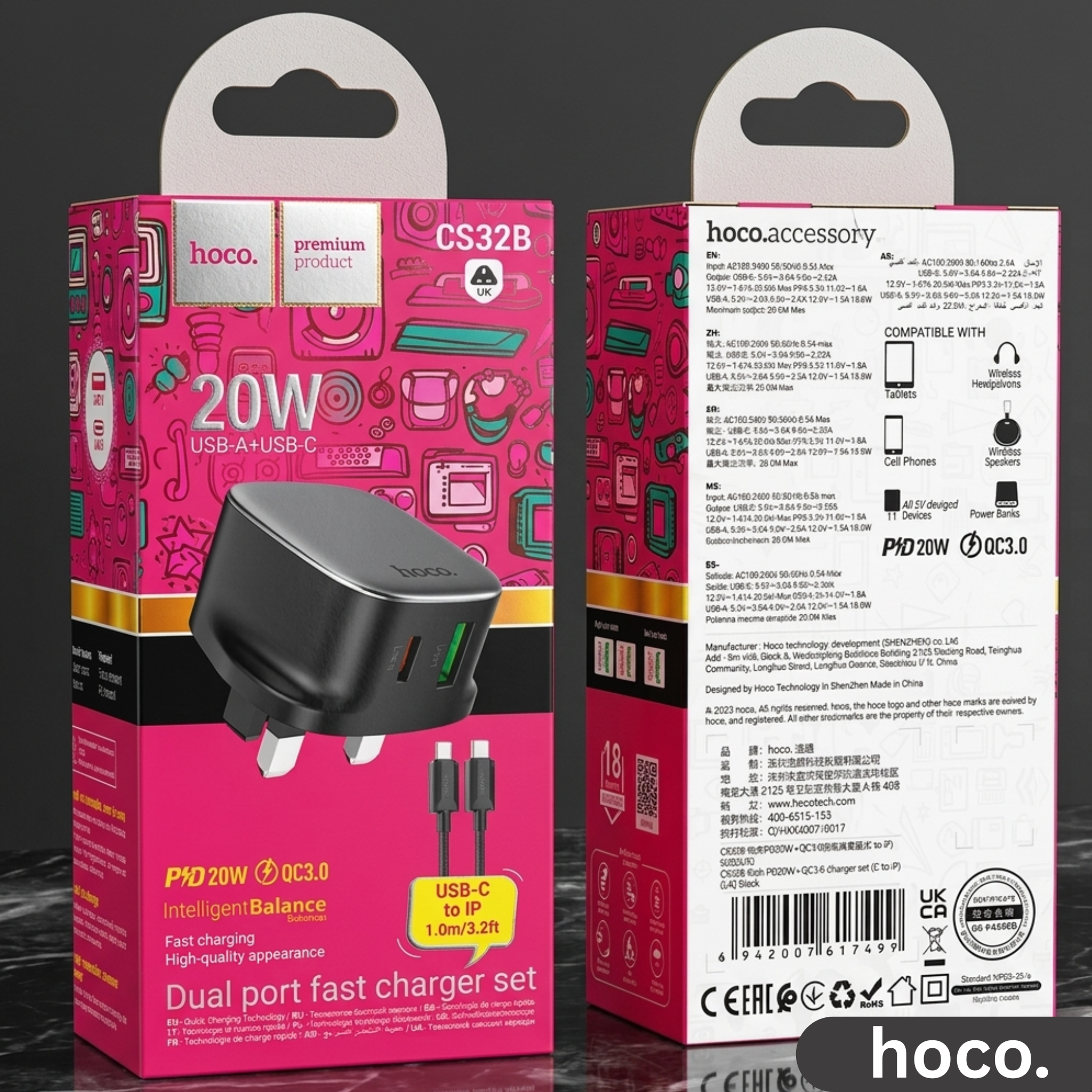 Hoco Fast Charging Dual Port Charger (Type-C & USB-A) | High Speed Power Adapter for Android & iPhone